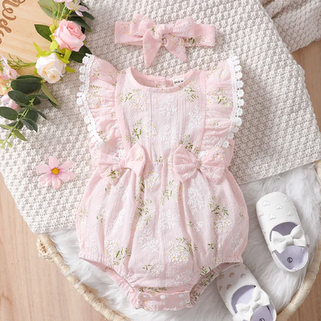2pcs Baby Girl Solid Sleeveless Splicing Floral Print Bowknot Jumpsuit Set